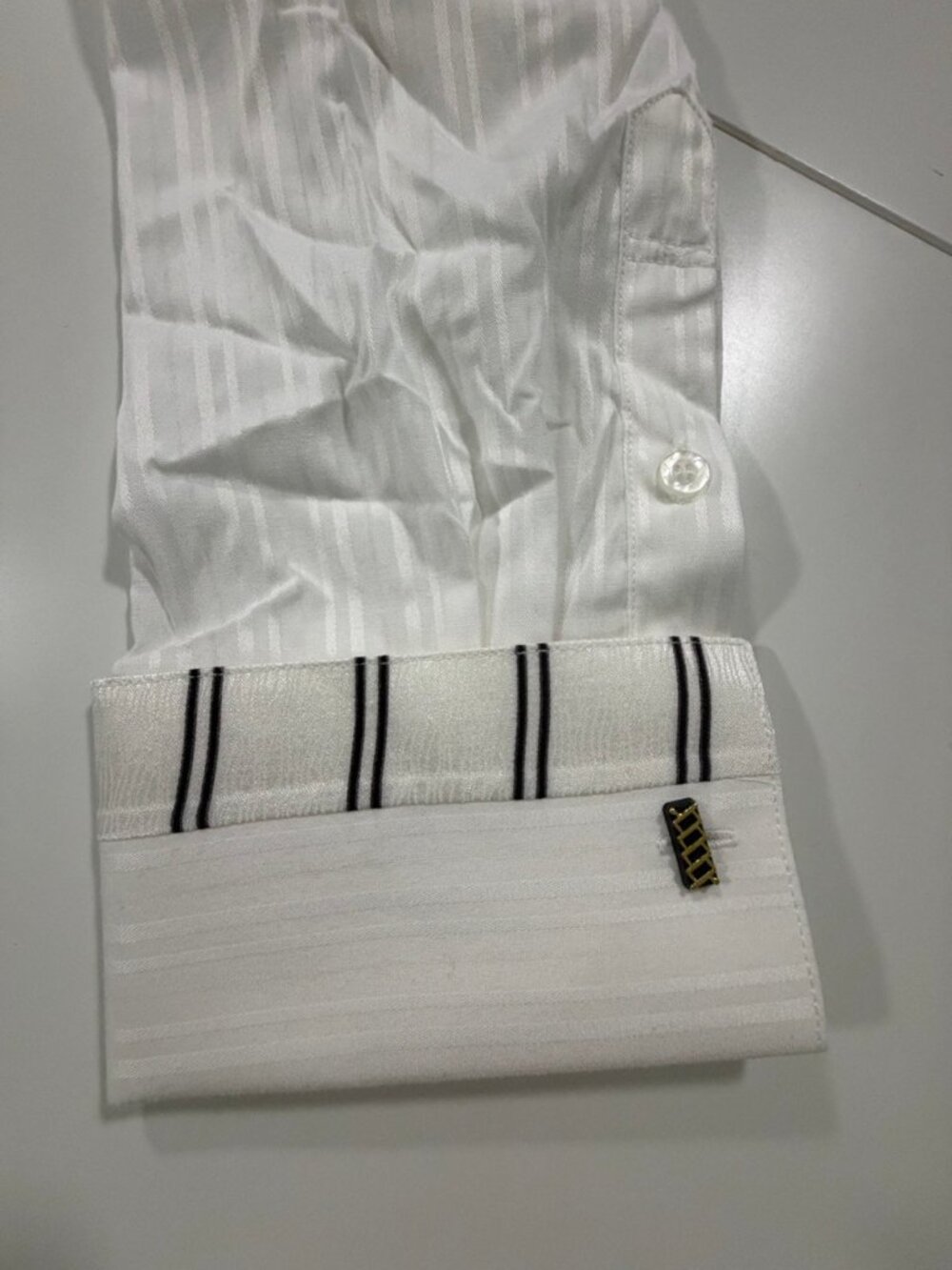 Fratello French Cuff Dress Shirt White Black Trim Textured Self-Stripe NWT 16.5 - Picture 5 of 9